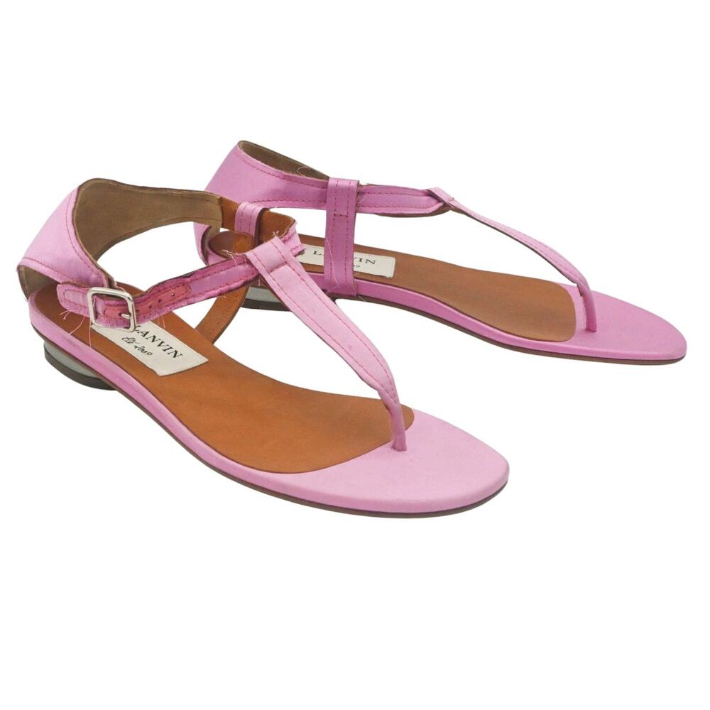 Lanvin Pink Satin T-Strap Ankle Buckle Flat Sandals Size 35